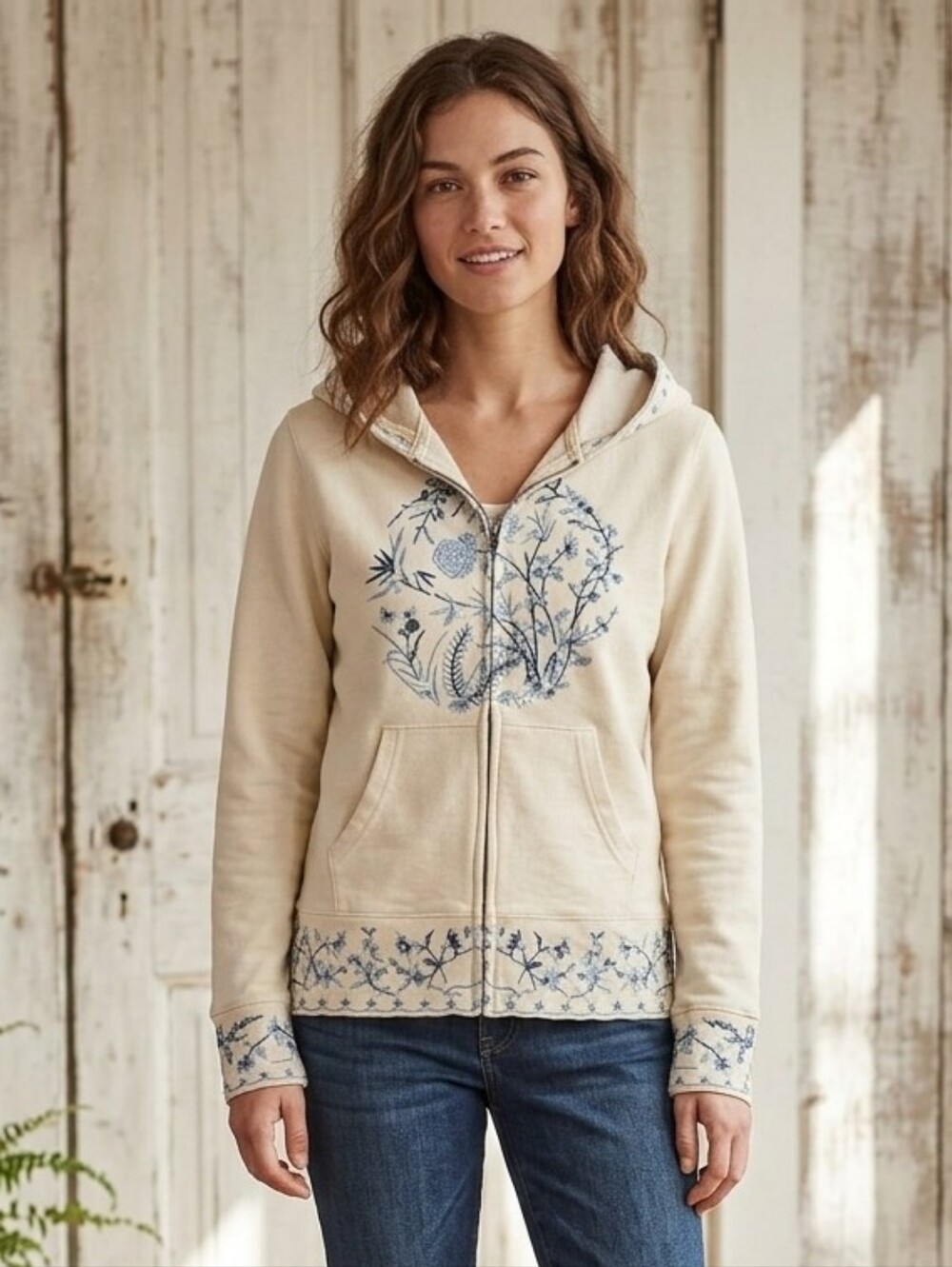 Rare Vintage Y2K Lucky Brand Cream Blue Embroidered Flower Hoodie Size M